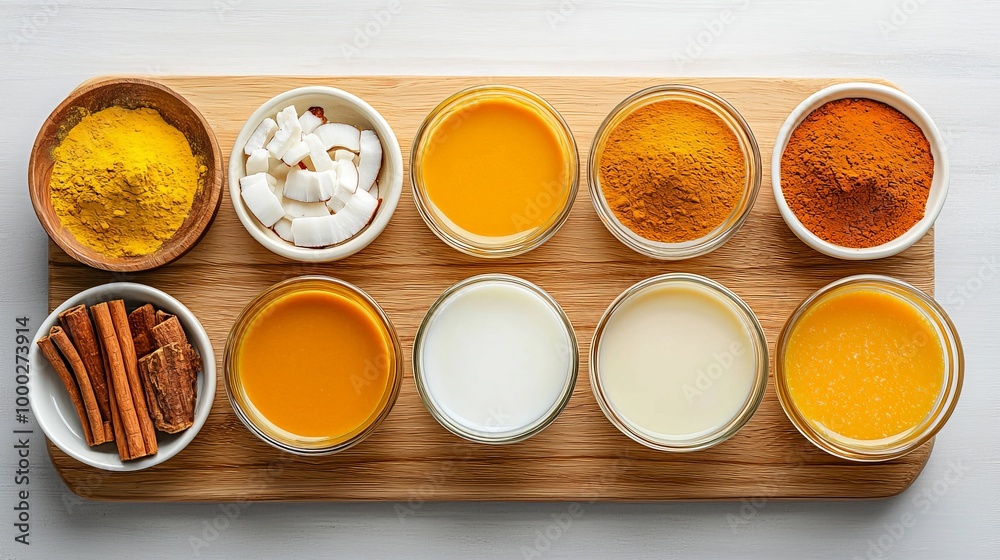 A top-down view of a golden milk preparation setup, with ingredients like turmeric, coconut milk, cinnamon, and honey neatly arranged on a wooden board A top-down view of a golden milk preparation setup, with ingredients like turmeric, coconut milk, cinnamon, and honey neatly arranged on a wooden board