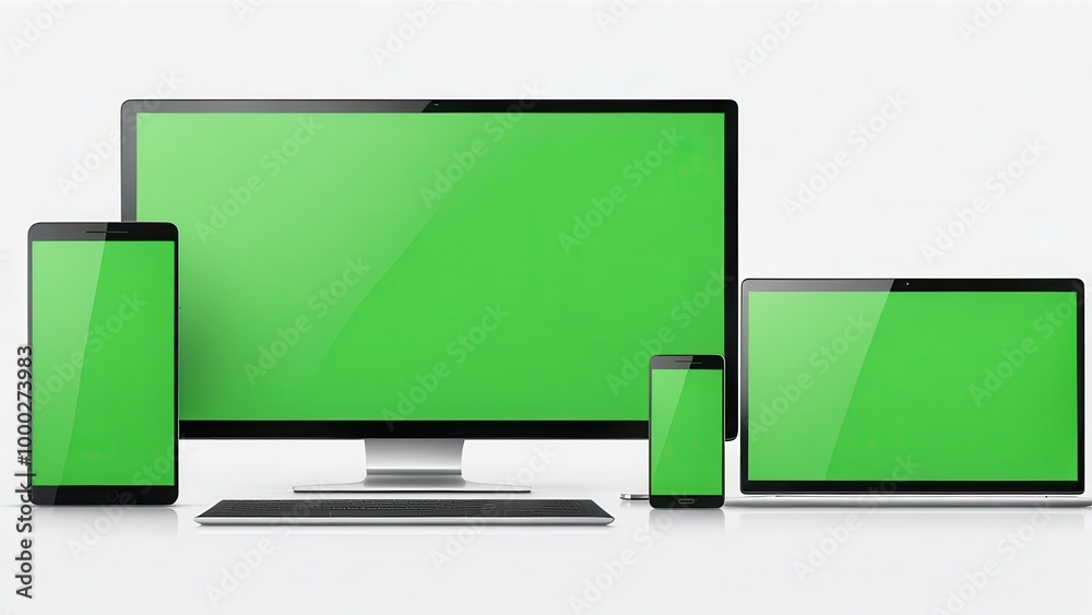 A collection of digital devices with green screens, ideal for graphic design or presentations. A collection of digital devices with green screens, ideal for graphic design or presentations.
