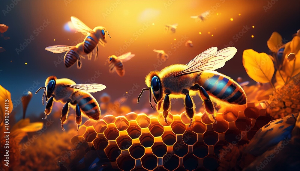 Golden Hour Activity in Beehive - Close-Up of Bees on Honeycomb Golden Hour Activity in Beehive - Close-Up of Bees on Honeycomb