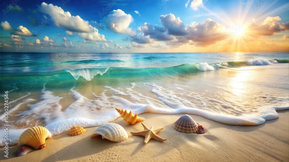 Beautiful Tropical Beach with Sea Shells, Golden Sand and Crystal Clear Ocean Water, A Serene Coastal Paradise Perfect for Digital Graphic Design Projects and Backgrounds
Beautiful Tropical Beach with Sea Shells, Golden Sand and Crystal Clear Ocean Water, A Serene Coastal Paradise Perfect for Digital Graphic Design Projects and Backgrounds