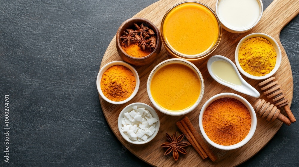 A top-down view of a golden milk preparation setup, with ingredients like turmeric, coconut milk, cinnamon, and honey neatly arranged on a wooden board A top-down view of a golden milk preparation setup, with ingredients like turmeric, coconut milk, cinnamon, and honey neatly arranged on a wooden board