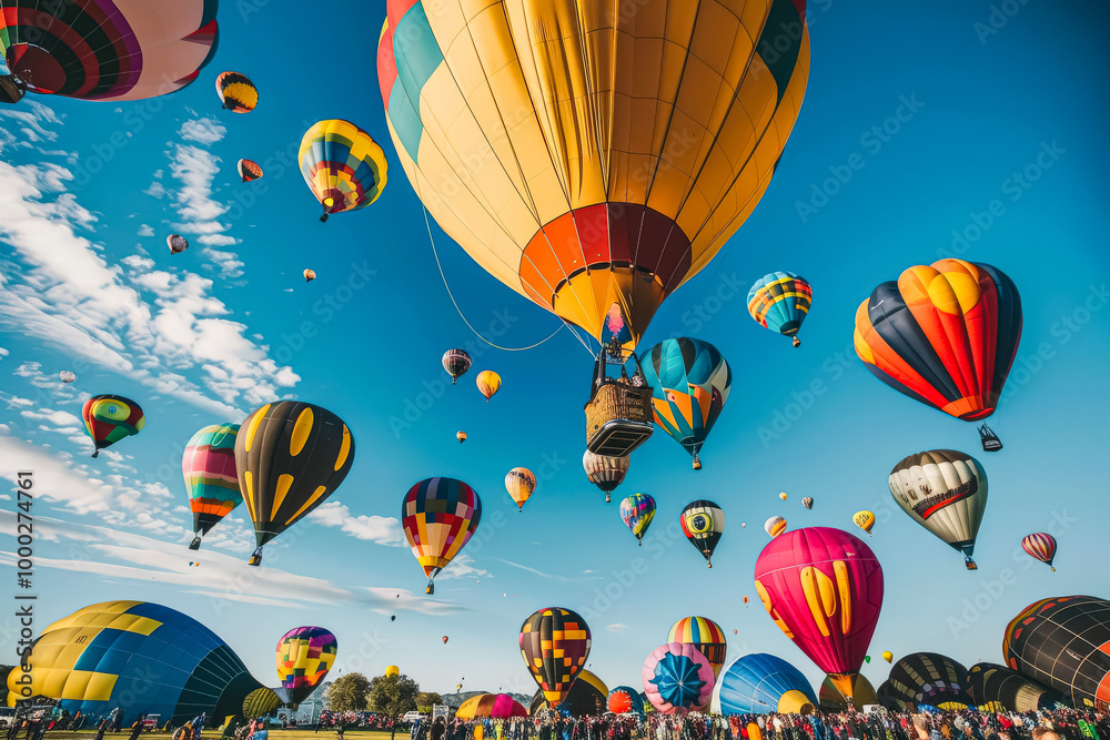 Obraz premium Large group of hot air balloons are flying in the sky. The sky is filled with many different colored balloons, and the sun is setting in the background. The scene is lively and colorful