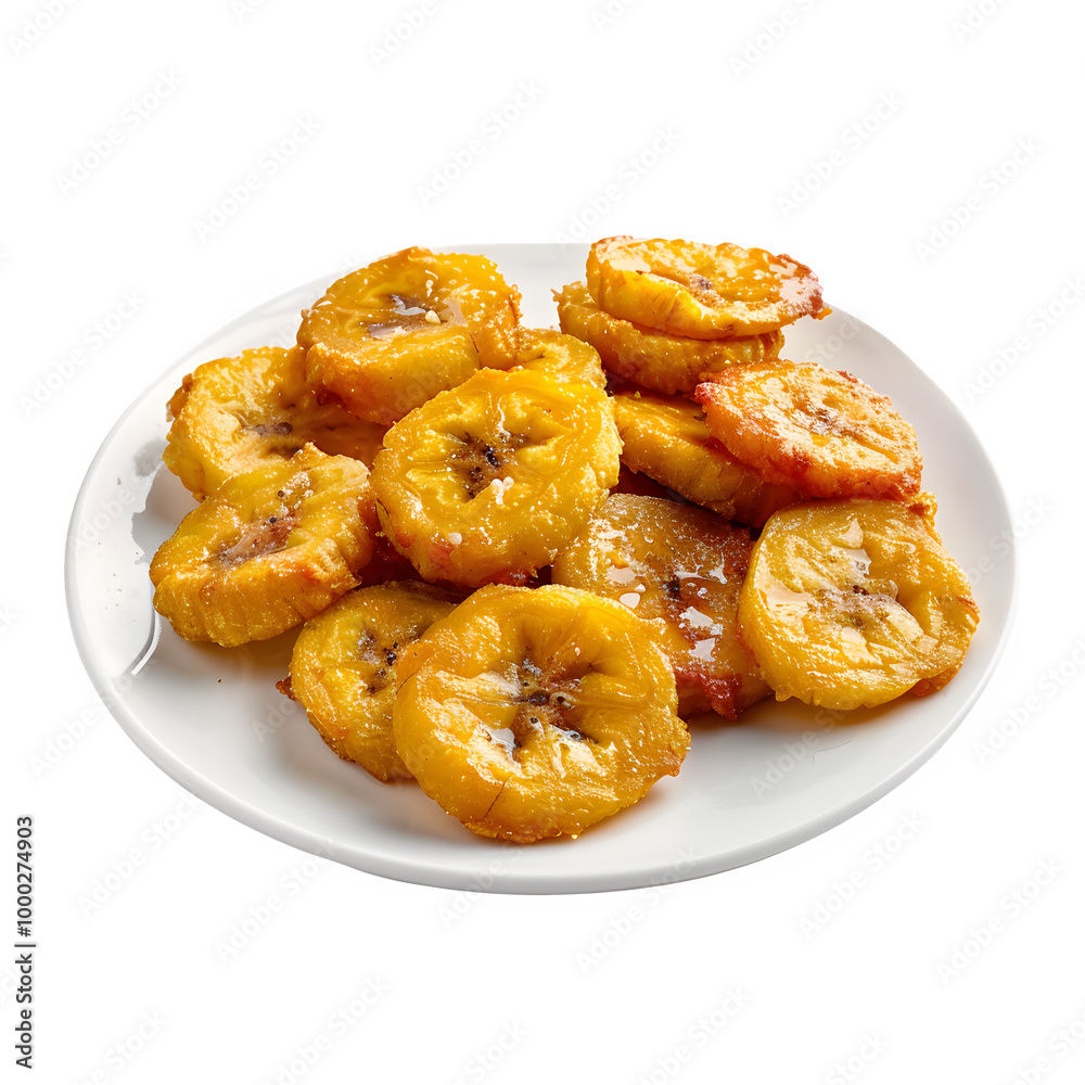Tasty fried plantains served on a white plate, perfectly golden and crispy, isolated on a transparent background for easy integration into various designs Tasty fried plantains served on a white plate, perfectly golden and crispy, isolated on a transparent background for easy integration into various designs