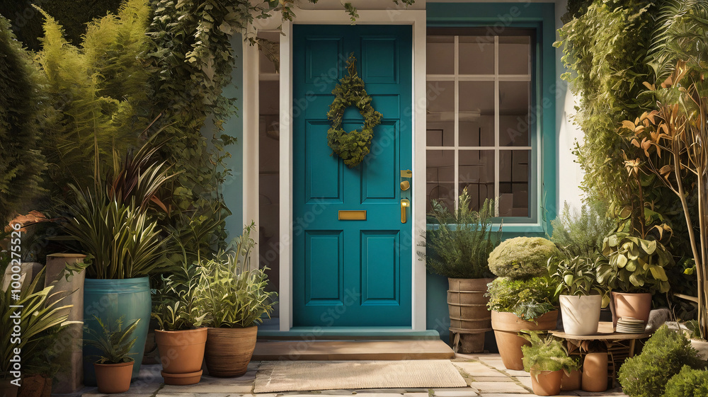 Front view of a house entrance features dark cyan closed door against sunset-colored wall, framed by neatly arranged plants in decorative pots. With chair, illuminated by bright sunlight. Front view of a house entrance features dark cyan closed door against sunset-colored wall, framed by neatly arranged plants in decorative pots. With chair, illuminated by bright sunlight.