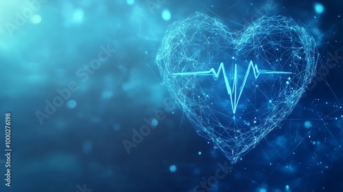A blue background with a cross, symbolizing healthcare, features a heart with a heartbeat icon. It represents health insurance and medical services.