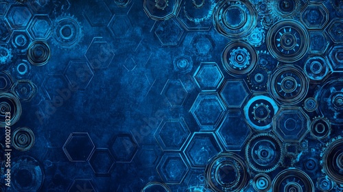 A blue background with a pattern of gear wheels and hexagons. The design is hand-drawn.