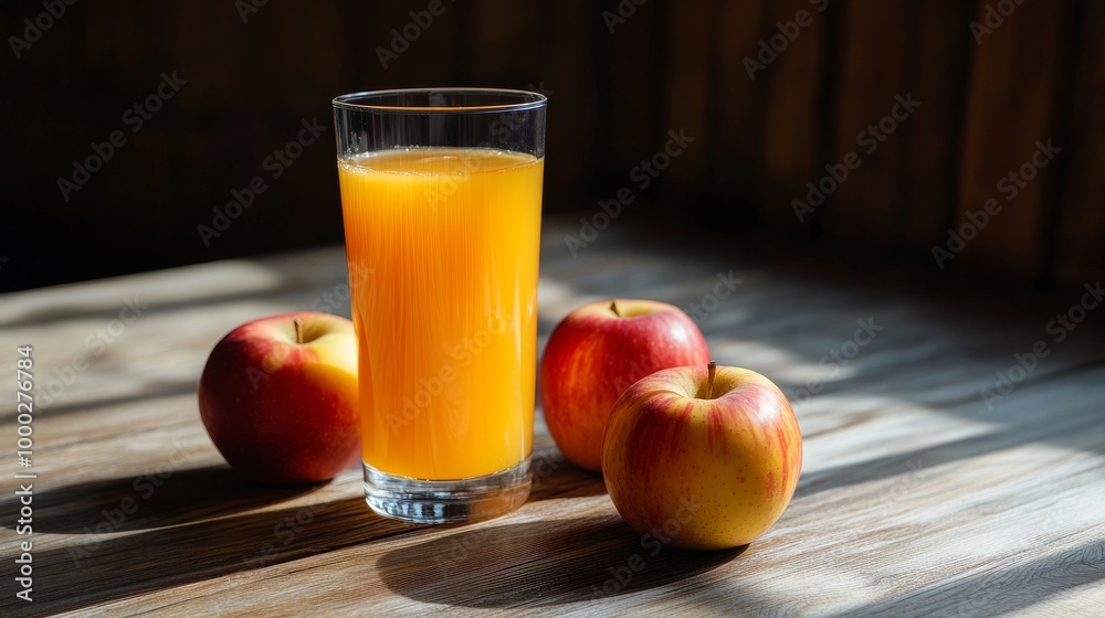 A glass of apple juice sits beside a few apples on a wooden tabletop.