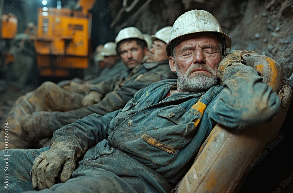 Group gold miners resting in an underground mine near large copper excavation equipment