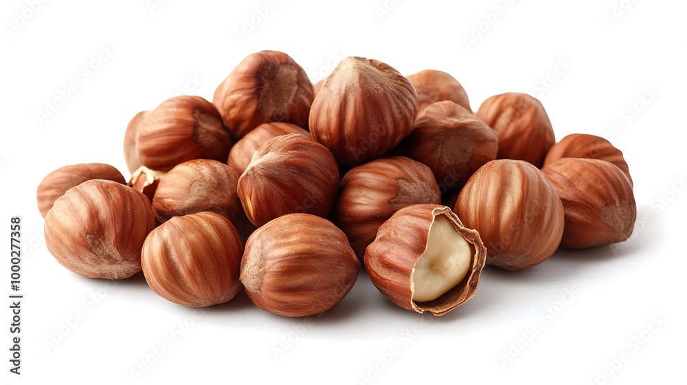 A pile of whole hazelnuts with one cracked open, revealing the kernel inside. A pile of whole hazelnuts with one cracked open, revealing the kernel inside.