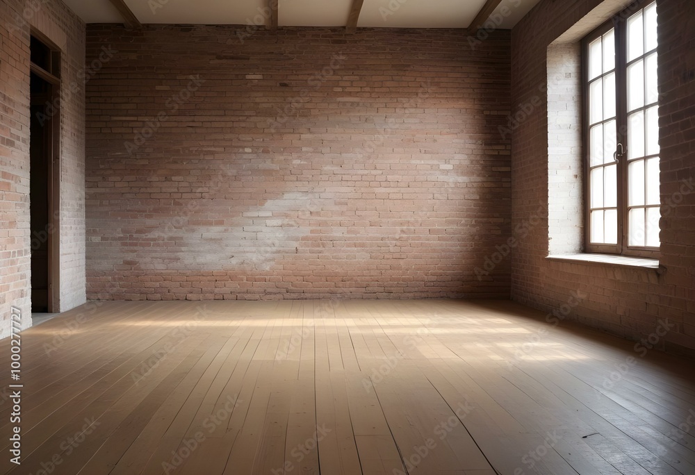 empty room with textured brick walls, soft shadows creating depth, a small window allowing natural light to pour in, light dust particles visible in the air, empty room with textured brick walls, soft shadows creating depth, a small window allowing natural light to pour in, light dust particles visible in the air,