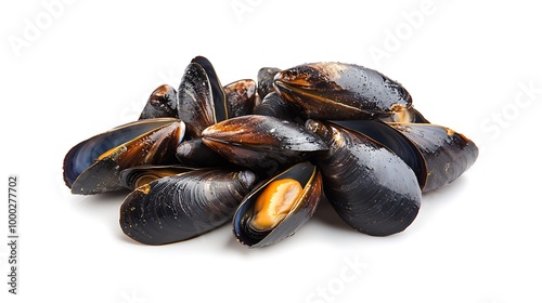 A pile of fresh, raw mussels isolated on a white background.