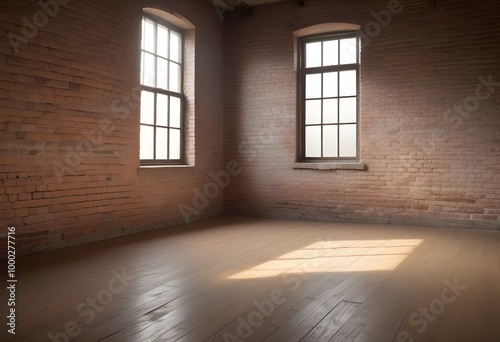 empty room with textured brick walls, soft shadows creating depth, a small window allowing natural light to pour in, light dust particles visible in the air, 