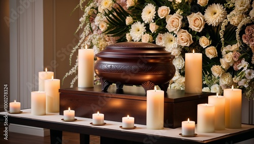 Bronze Urn with Candles and White Roses for Memorial Service