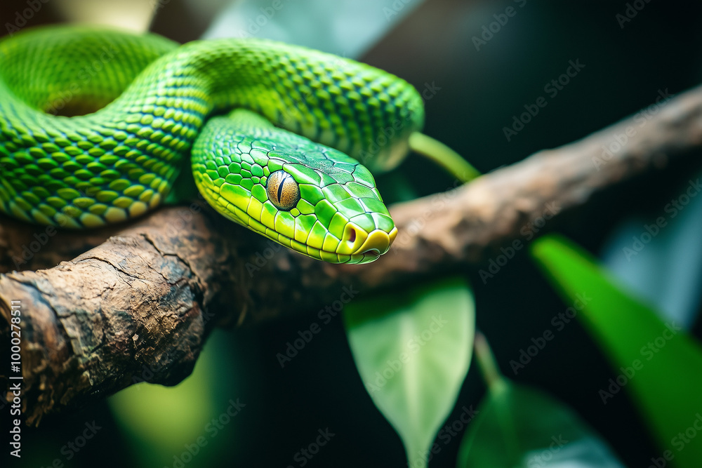 Bright Green Snake Coiled on Tree Branch in Tropical Forest Bright Green Snake Coiled on Tree Branch in Tropical Forest