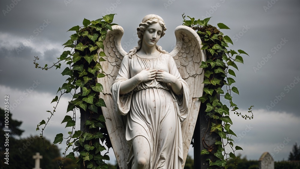 Obraz premium Angelic Marble Statue Covered in Ivy in a Cemetery Against a Cloudy Sky