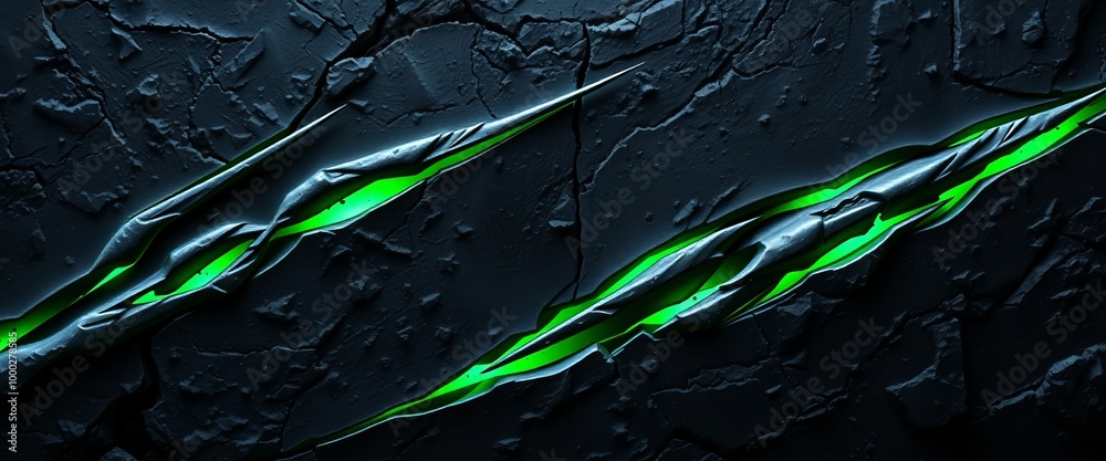 Glowing Toxic Green Slashes on Jagged Metallic Surface