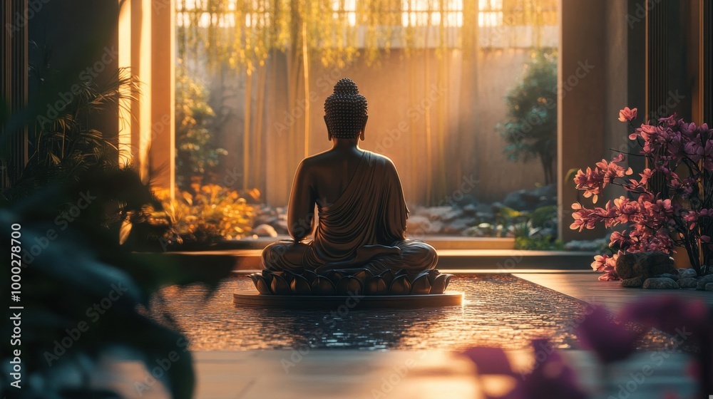 A Serene Meditation Space Featuring a Tranquil Buddha Statue in a Zen Garden Setting