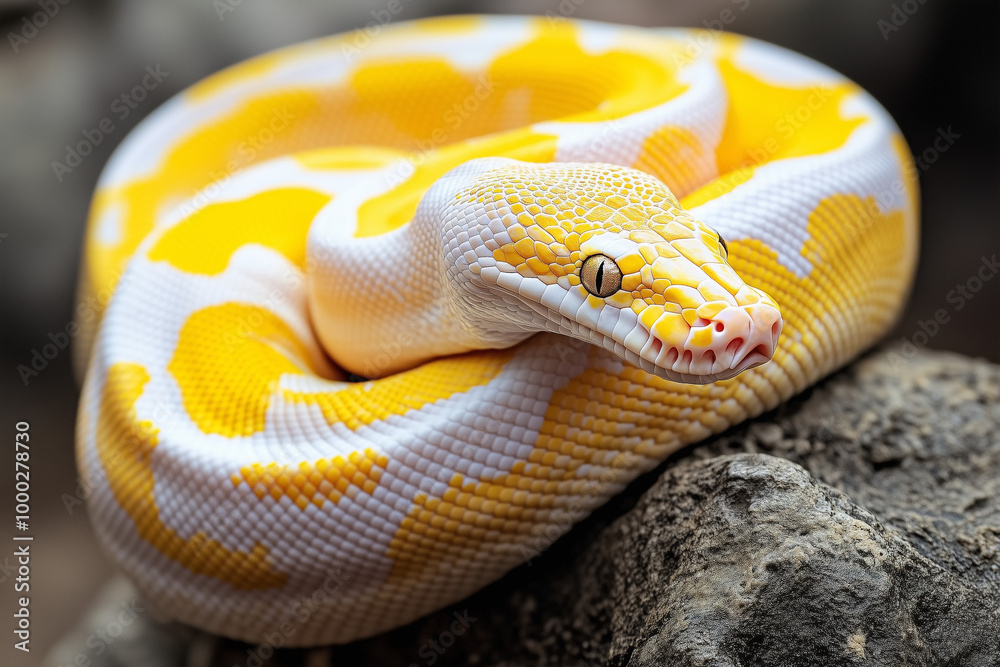 Albino Python Coiled on Rock in Natural Habitat Albino Python Coiled on Rock in Natural Habitat