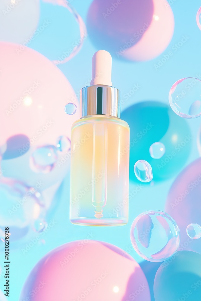 skincare serum bottle floating in a futuristic setting, surrounded by translucent pastel blue gel droplets skincare serum bottle floating in a futuristic setting, surrounded by translucent pastel blue gel droplets
