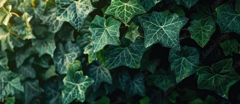 Fototapeta premium Green Leaves Dark Background Light On Green Plants Ivy Branch Alone Looking For The Sun Photosynthesis In Nature