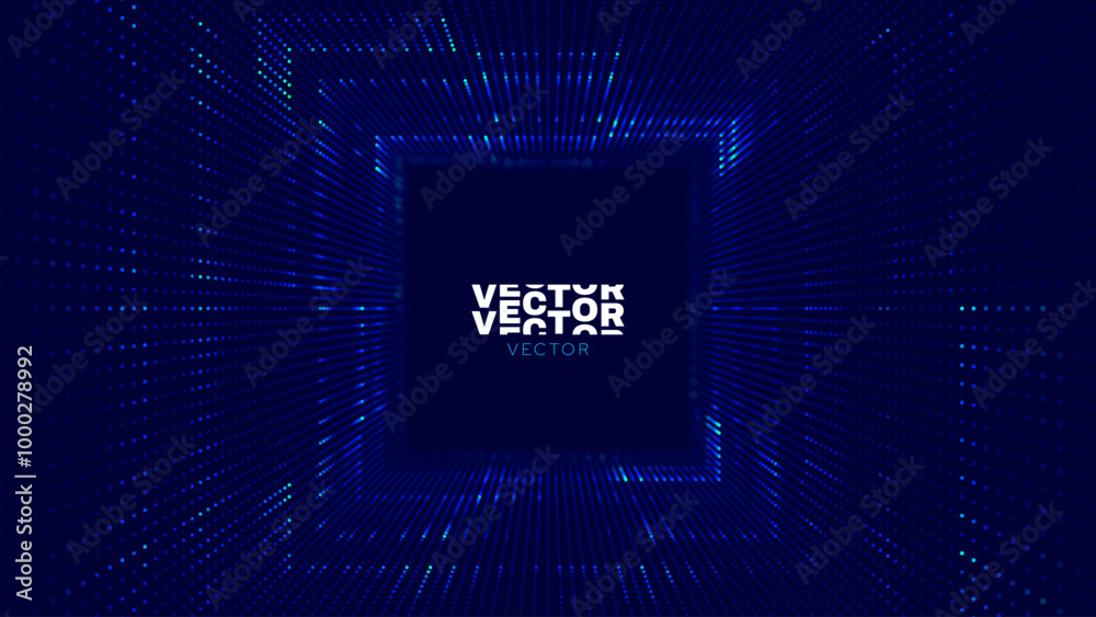 Obraz premium Square Frame Border Blue Lights DJ Party Flyer Background. Rectangle Tunnel Big Data Backdrop. Abstract Blue Digital Background. Computer Digital Tunnel Technology Vector Illustration.