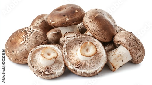 A neat pile of fresh portobello mushrooms on a white background, showing their large, meaty caps ideal for grilling or vegetarian dishes Copy space included