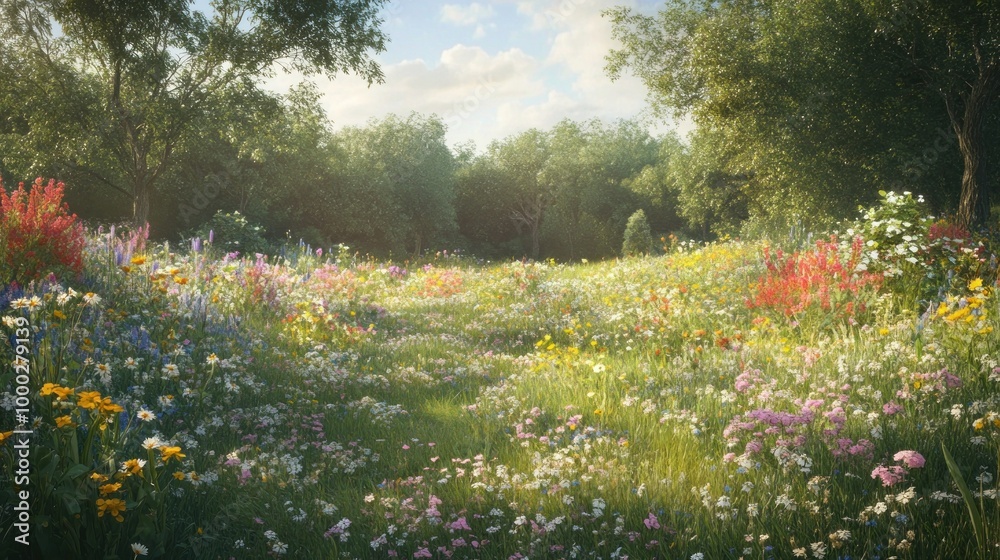 Sunlit Meadow with a Variety of Wildflowers and Trees