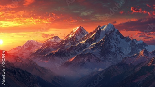 Majestic Snow-Capped Mountains at Sunset with Orange and Red Sky