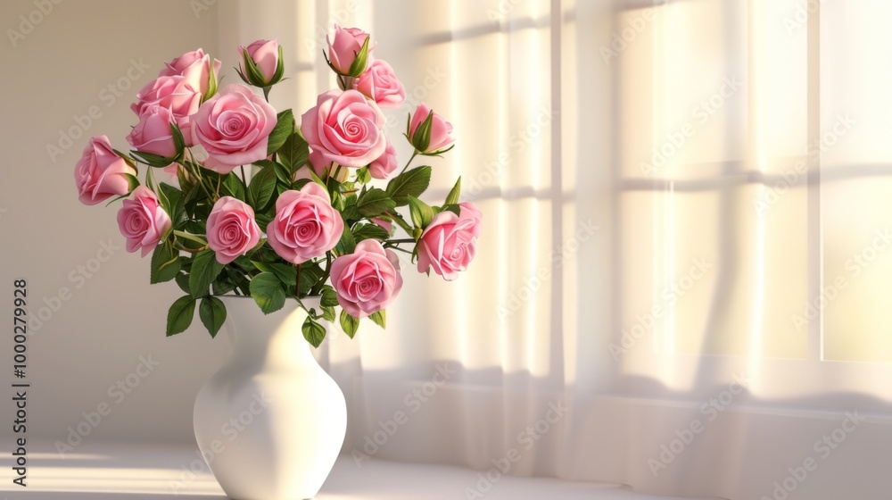 Pink Roses in a White Vase by a Window Pink Roses in a White Vase by a Window