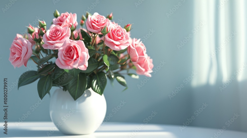 Pink Roses in a White Vase - A Delicate Floral Arrangement