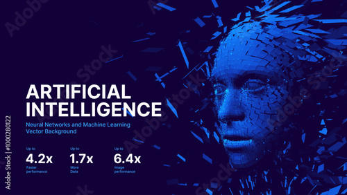 AI. Artificial Intelligence in 3D Human Head Concept. Blue Abstract Digital Cyberpunk Human Face. Robotics Concept. Science Fiction Cyberpunk Vector Illustration.