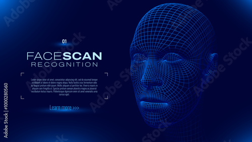 Face ID Scan Recognition AI. Artificial Intelligence Concept. Abstract Digital Particles Human Face. Robotics Concept. Wireframe Head Science Fiction Concept. Vector Illustration. Deep Learning Art.