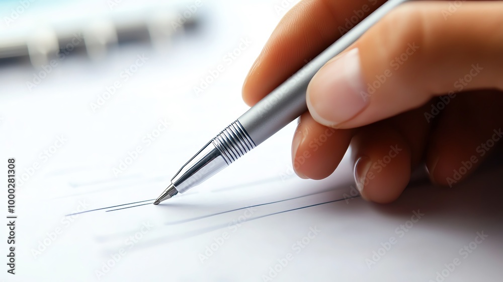 Hand holding a pen over a business plan document, strategic decisionmaking process Hand holding a pen over a business plan document, strategic decisionmaking process
