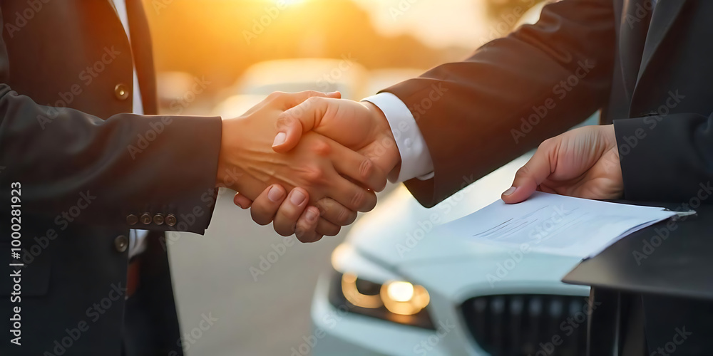 Business Car Rental Service Agent Handing Keys to Customer After Signing Rental Agreement and Vehicle Sales Contract Document Business Car Rental Service Agent Handing Keys to Customer After Signing Rental Agreement and Vehicle Sales Contract Document