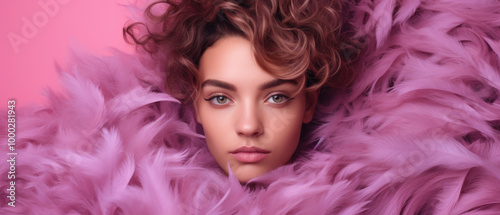 A woman with beautifully curly hair is elegantly covered in purple feathers