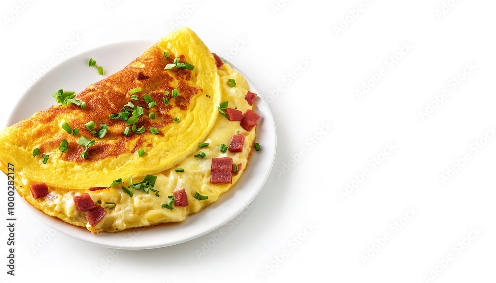omelette or omelet is a dish made from eggs, in a frying pan filled with chives, vegetables, mushrooms, meat (often ham or bacon) cheese, onions, tomato usually served with potato or hash browns