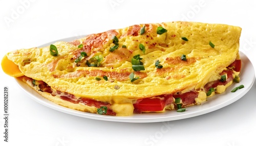 omelette or omelet is a dish made from eggs, in a frying pan filled with chives, vegetables, mushrooms, meat (often ham or bacon) cheese, onions, tomato usually served with potato or hash browns
