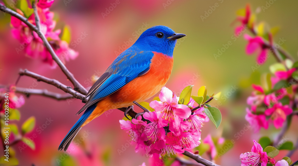 Blue and Orange Songbird Perched on Pink Blossoms, Vibrant Spring Nature Scene Blue and Orange Songbird Perched on Pink Blossoms, Vibrant Spring Nature Scene