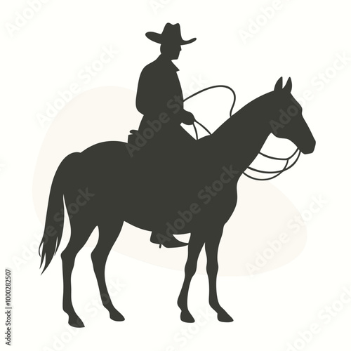 a black silhouette of a cowboy riding a horse. The cowboy is wearing a hat and a long coat, and is holding a lasso in his right hand. 