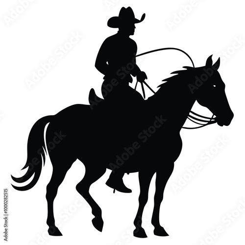 a black silhouette of a cowboy riding a horse. The cowboy is wearing a hat and a long coat, and is holding a lasso in his right hand. 