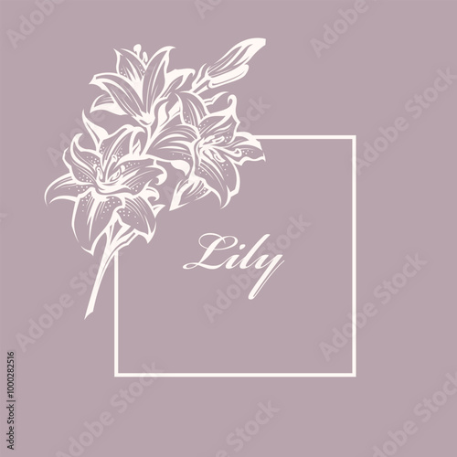 emblem of lily bud and frame for flower shop isolated on pink background