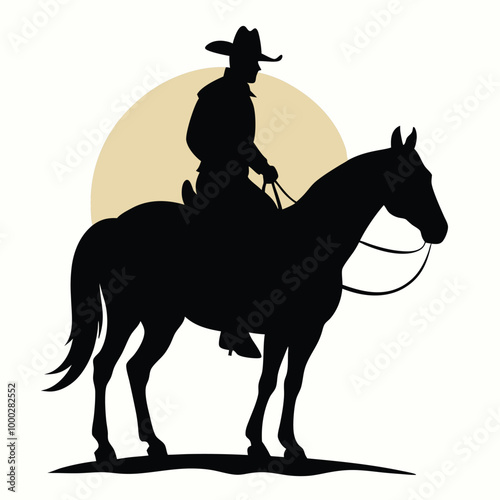 a black silhouette of a cowboy riding a horse. The cowboy is wearing a hat and a long coat, and is holding a lasso in his right hand. 
