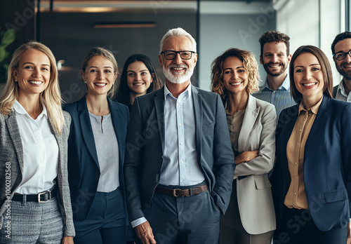 A group of business people standing in an office, smiling at the camera. The group displays diversity with different ages and races, all wearing professional attire