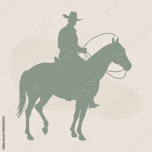 a black silhouette of a cowboy riding a horse. The cowboy is wearing a hat and a long coat, and is holding a lasso in his right hand. 