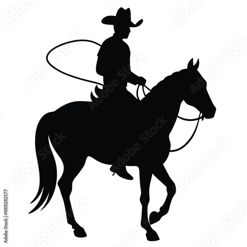 a black silhouette of a cowboy riding a horse. The cowboy is wearing a hat and a long coat, and is holding a lasso in his right hand. 