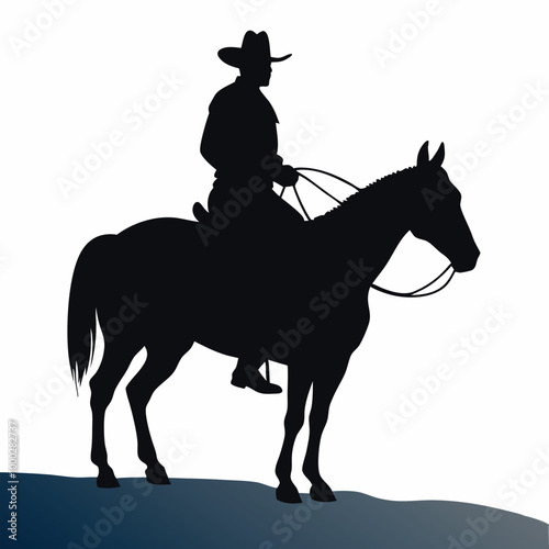 a black silhouette of a cowboy riding a horse. The cowboy is wearing a hat and a long coat, and is holding a lasso in his right hand. 