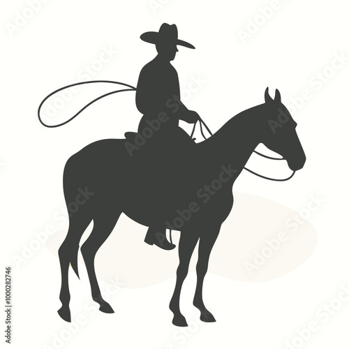 a black silhouette of a cowboy riding a horse. The cowboy is wearing a hat and a long coat, and is holding a lasso in his right hand. 