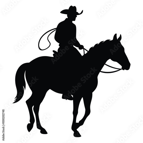 a black silhouette of a cowboy riding a horse. The cowboy is wearing a hat and a long coat, and is holding a lasso in his right hand. 