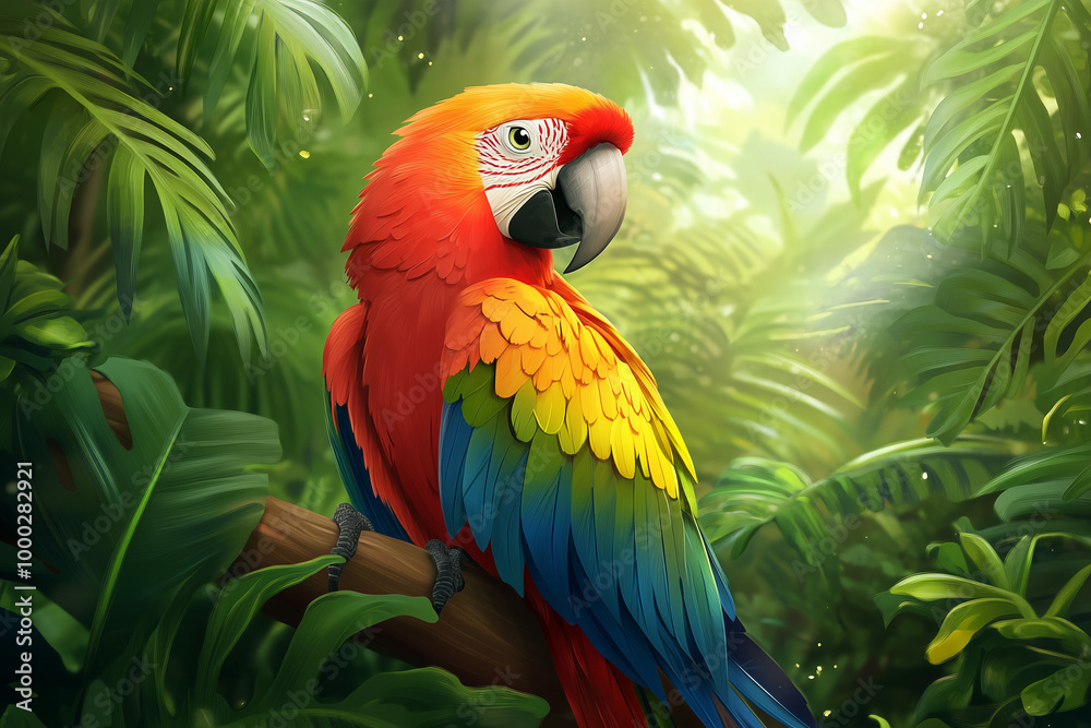 Obraz premium Scarlet Macaw Perched on Branch in Lush Tropical Forest, Vibrant Jungle Illustration, Exotic Bird Art