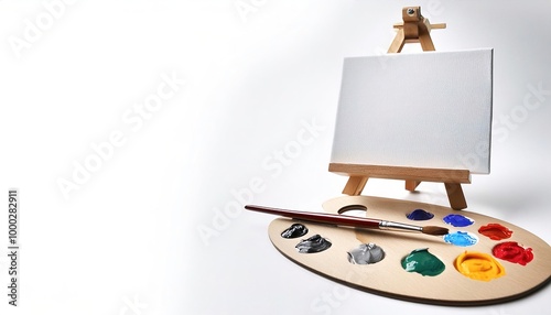 artist art paint setup with oil color paints, brush, canvas and easel. Isolated on white background with copy space. Tools of the artist. Brushes, wooden easel tripod, palette photo